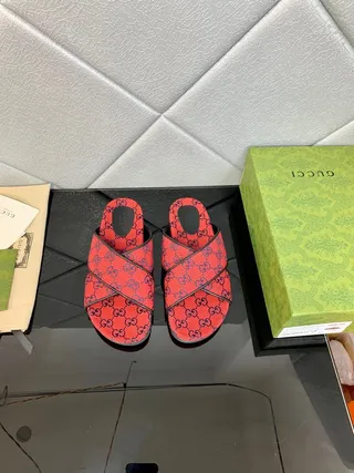 Gucci Screener Rojo y Azul Marino GG Monogram Slide Slippers 5