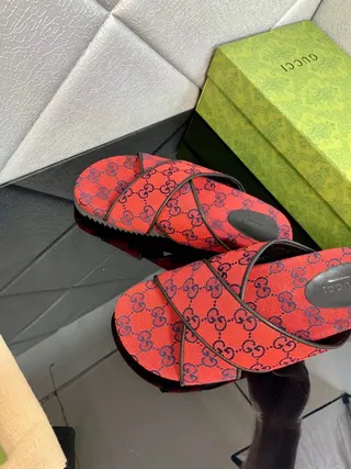 Gucci Screener Rojo y Azul Marino GG Monogram Slide Slippers 6