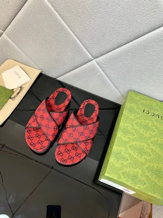 Gucci Screener Rojo y Azul Marino GG Monogram Slide Slippers 7