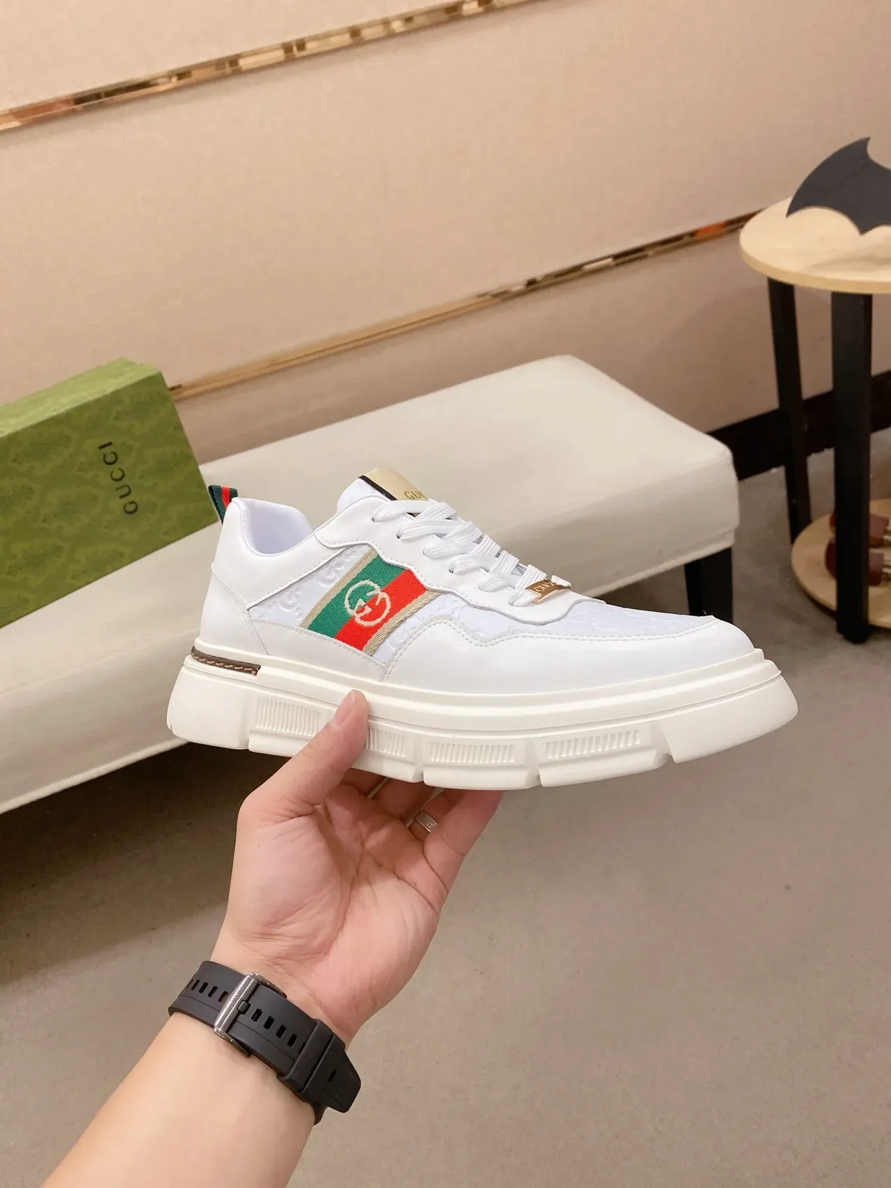 Gucci Screener White Leather Red Green Web Stripe Lifestyle Sneakers 4