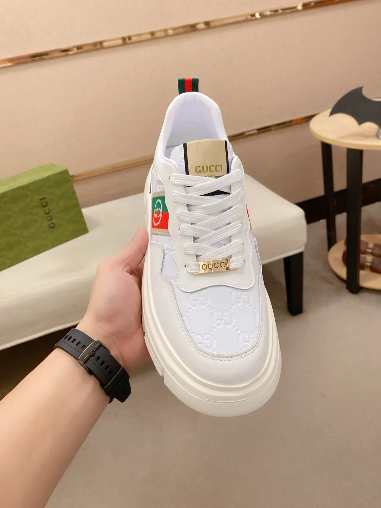 Gucci Screener White Leather Red Green Web Stripe Lifestyle Sneakers 5