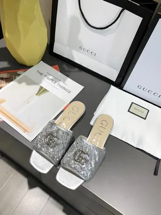Gucci Sequined Silver Interlocking GG Mule Slippers 8