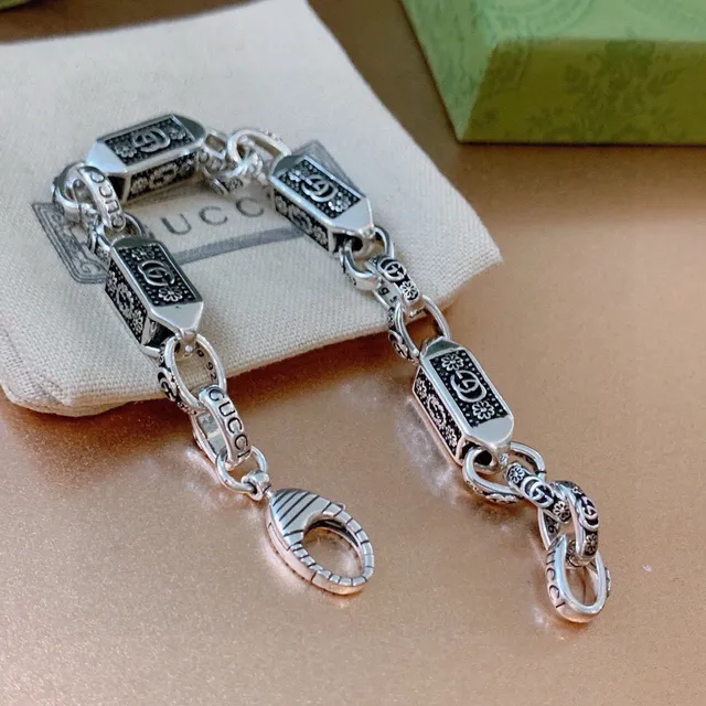 Gucci Corrente Prateada Preta Corrente Retangular Esmaltada Links Pulseira 2