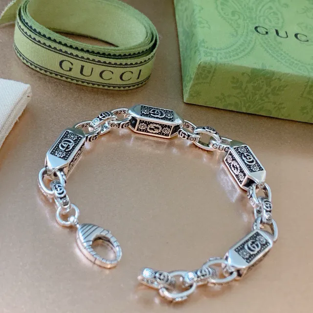 Gucci Corrente Prateada Preta Corrente Retangular Esmaltada Links Pulseira 3