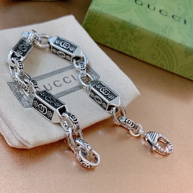 Gucci Corrente Prateada Preta Corrente Retangular Esmaltada Links Pulseira 4