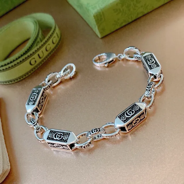 Gucci Corrente Prateada Preta Corrente Retangular Esmaltada Links Pulseira 6
