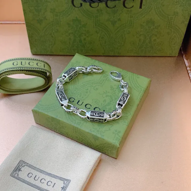 Gucci Corrente Prateada Preta Corrente Retangular Esmaltada Links Pulseira 7