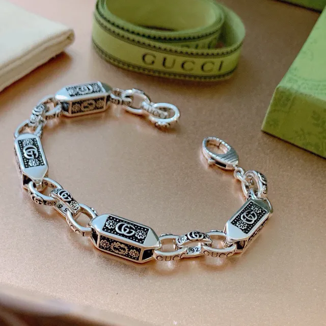 Gucci Corrente Prateada Preta Corrente Retangular Esmaltada Links Pulseira 9