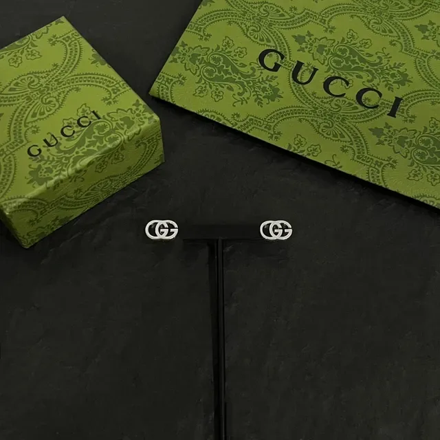 Gucci Silver Black Interlocking GG Logo Polished Metal Earrings 6