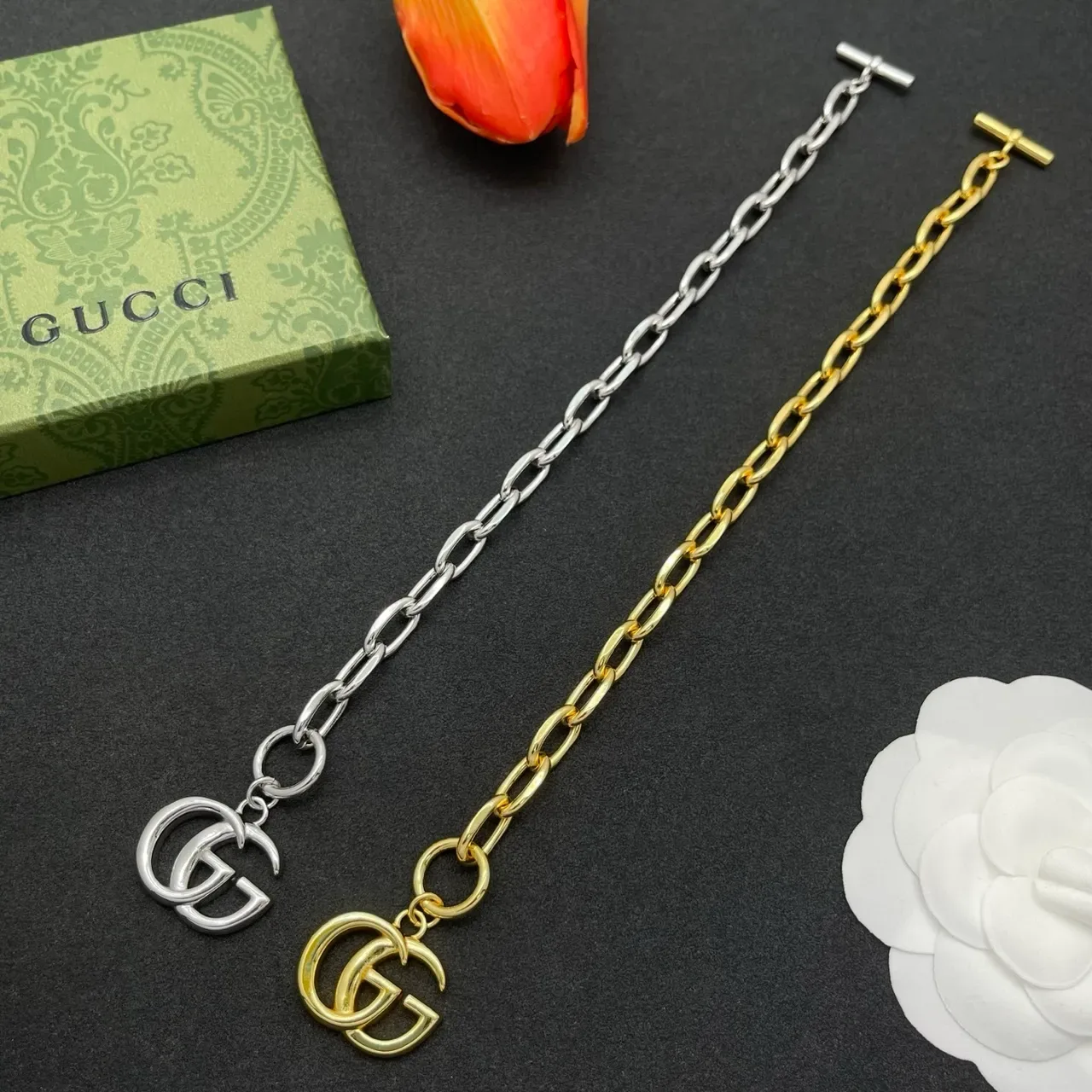 Gucci 银色 粗椭圆链节 可调节搭扣 手链 2