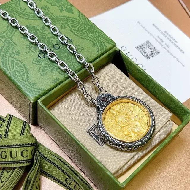 Gucci 银金链饰花丝吊坠项链 3