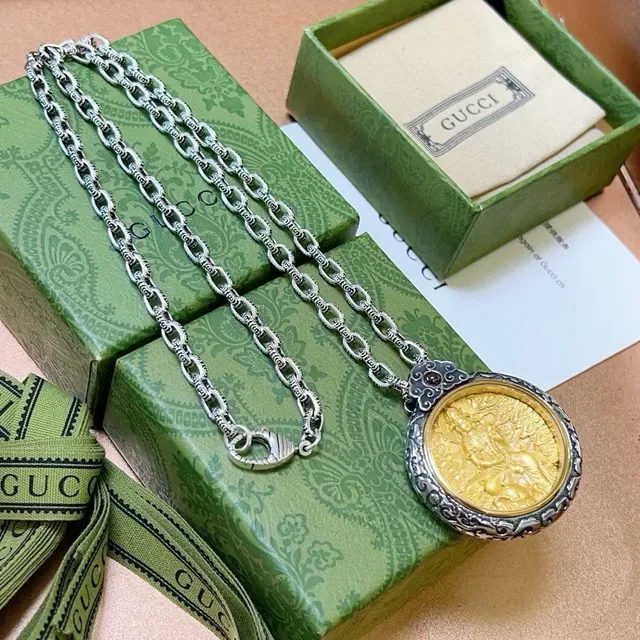 Gucci 银金链饰花丝吊坠项链 4