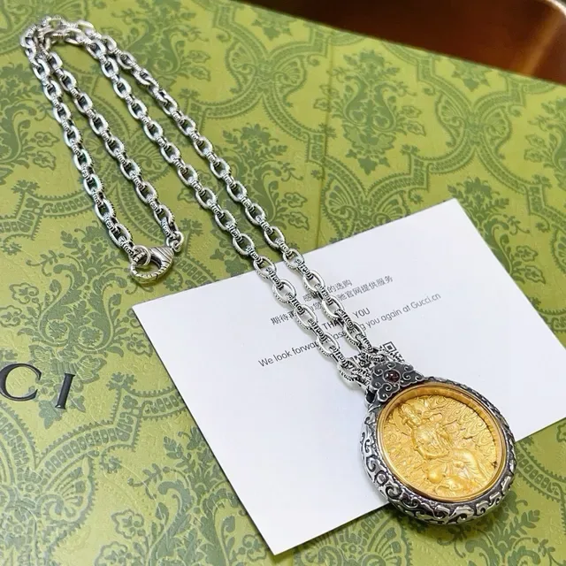 Gucci 银金链饰花丝吊坠项链 6