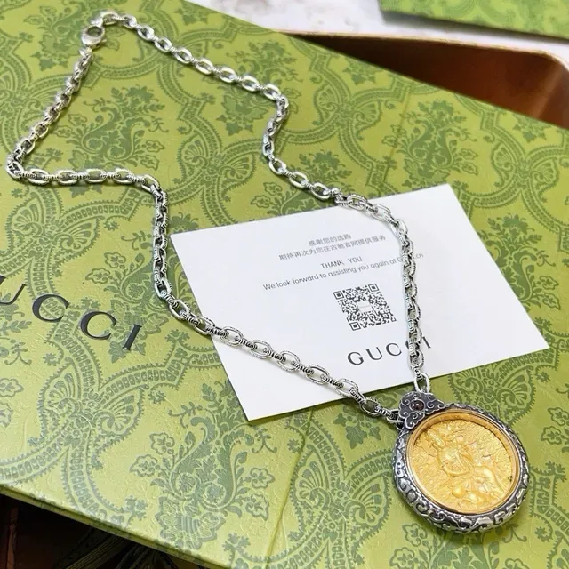 Gucci 银金链饰花丝吊坠项链 8