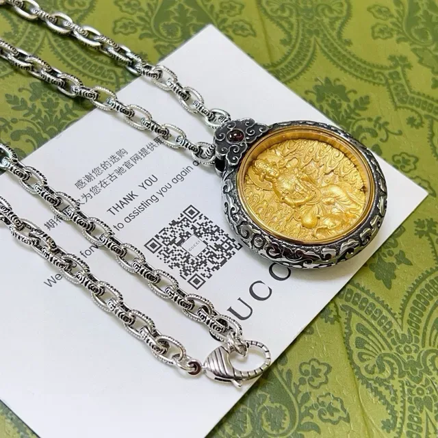 Gucci 银金链饰花丝吊坠项链 9