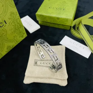 Gucci Silver Green Greek Key Motif Cuff Design Bracelet