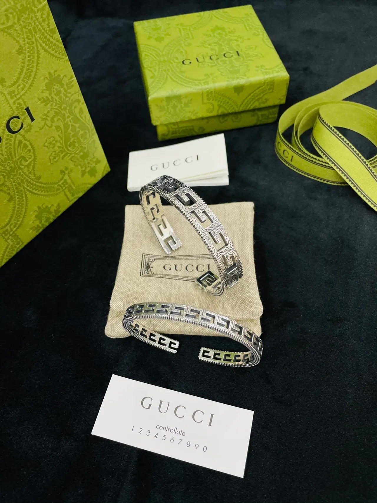 Gucci 银绿色希腊钥匙纹饰袖口手镯 8