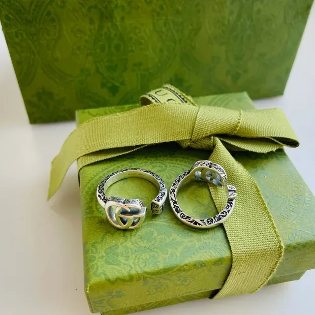 Gucci Silver Green Interlocking Double-G Logo Metal Ring 4