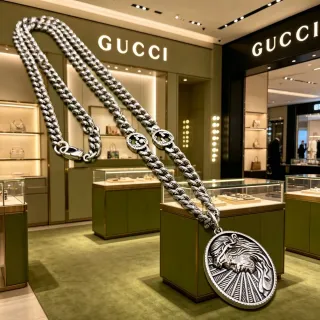 Gucci plata entrelazado doble G león medallón