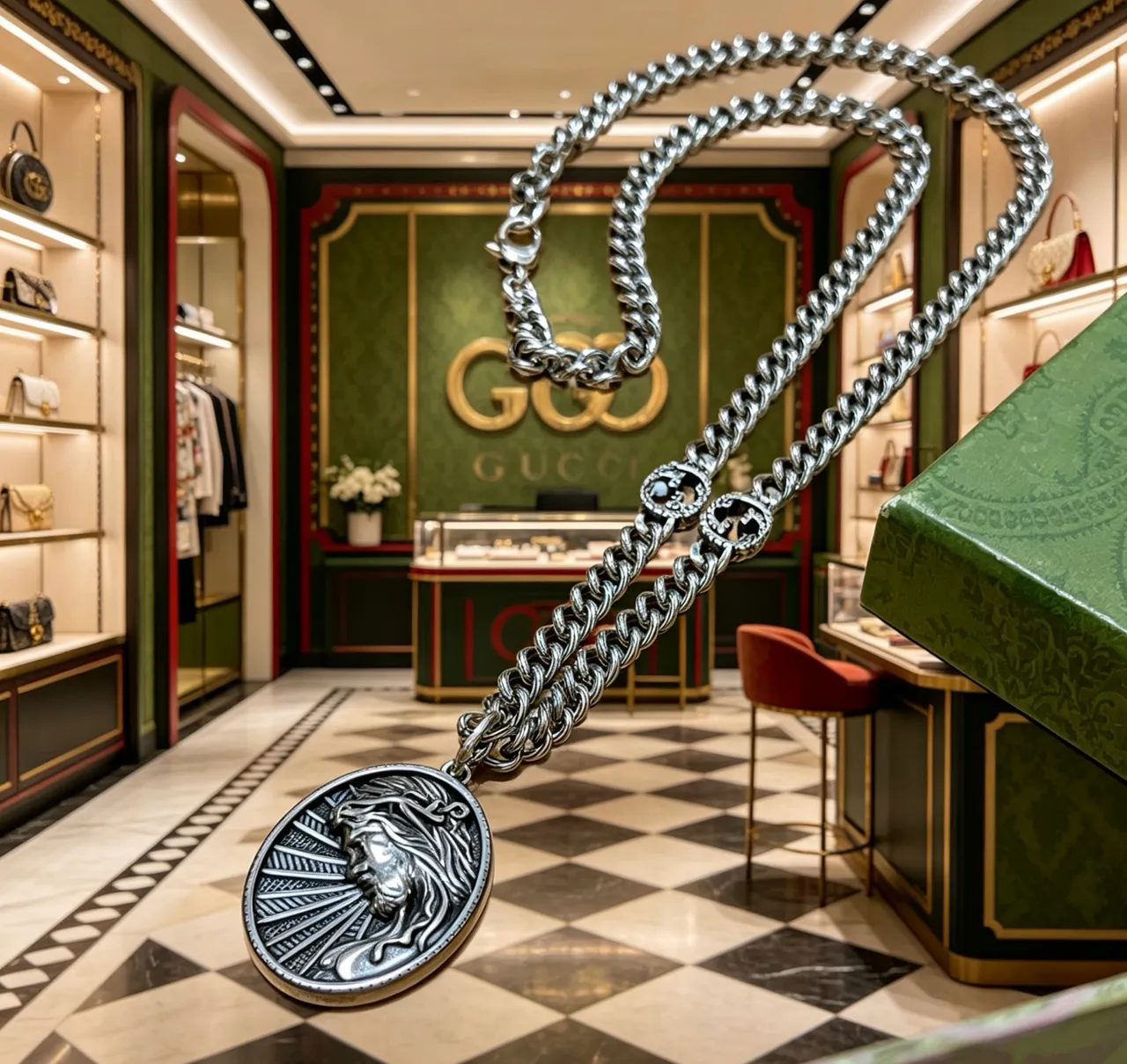 Gucci فضية متشابكة دوبل جی أسد ميداليون 4