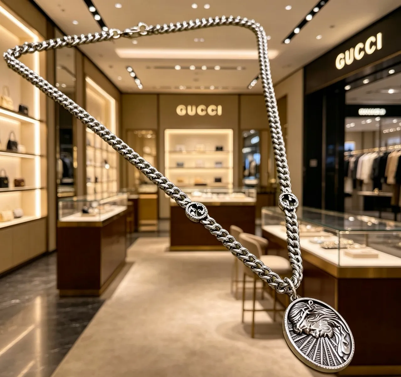 Gucci فضية متشابكة دوبل جی أسد ميداليون 6