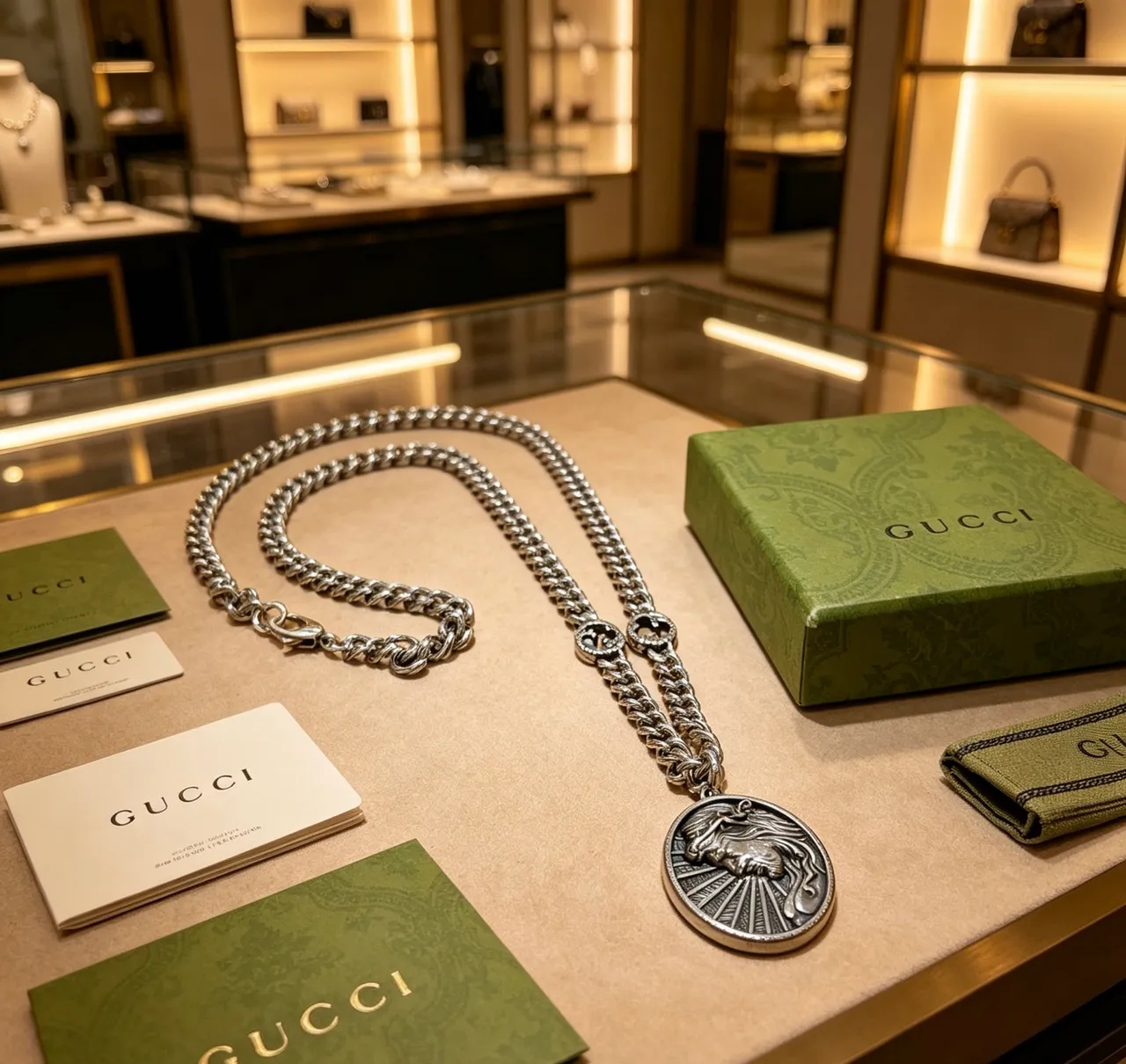 Gucci فضية متشابكة دوبل جی أسد ميداليون 9