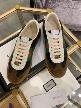 Gucci Tennis 1977 Preto Branco Marrom Web Stripe Lifestyle Sneakers 4