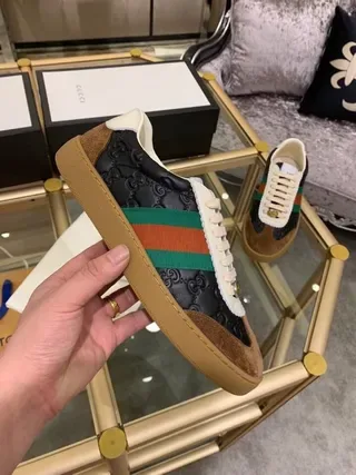 Gucci Tennis 1977 Preto Branco Marrom Web Stripe Lifestyle Sneakers 5