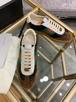 Gucci Tennis 1977 Preto Branco Marrom Web Stripe Lifestyle Sneakers 7