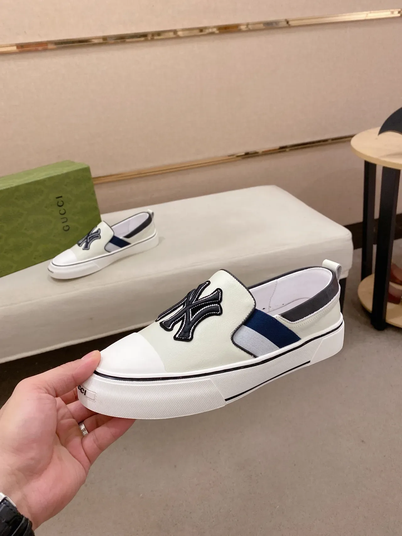 Gucci White Navy Slip-On Construction Embroidered Team Logo Patch Lifestyle Sneakers 4