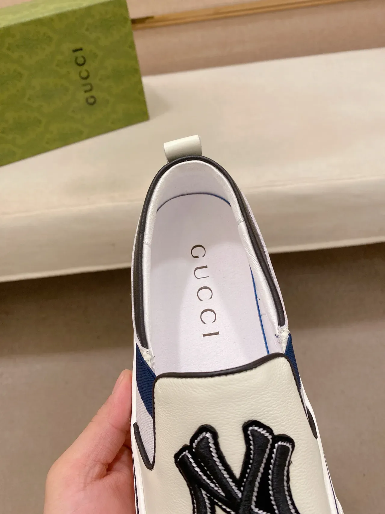 Gucci White Navy Slip-On Construction Embroidered Team Logo Patch Lifestyle Sneakers 8