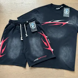 Hellstar Flame Graphic Black Red Oversized Fit Acid-Wash Fade Effect Tracksuit