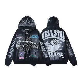 Hellstar Records LLC Graphic Print Distressed Flame Motif Hoodie