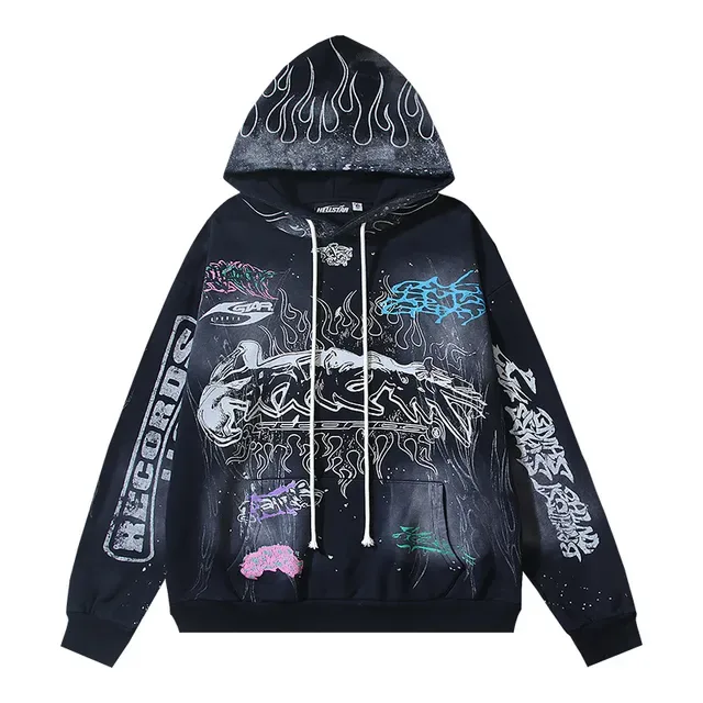 Hellstar Records LLC Graphic Print Distressed Flame Motif Hoodie 5