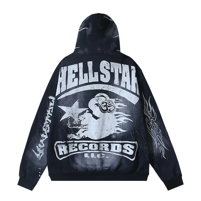 Hellstar Records LLC Graphic Print Distressed Flame Motif Hoodie 6