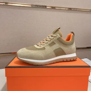 Hermès Beige and Orange Suede Mesh Sneaker
