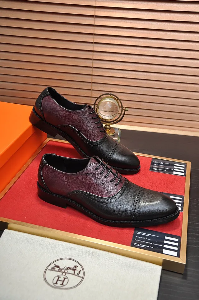Hermès Noir Borgoña Cuir Bicolore Brogue À Aile Complète 5