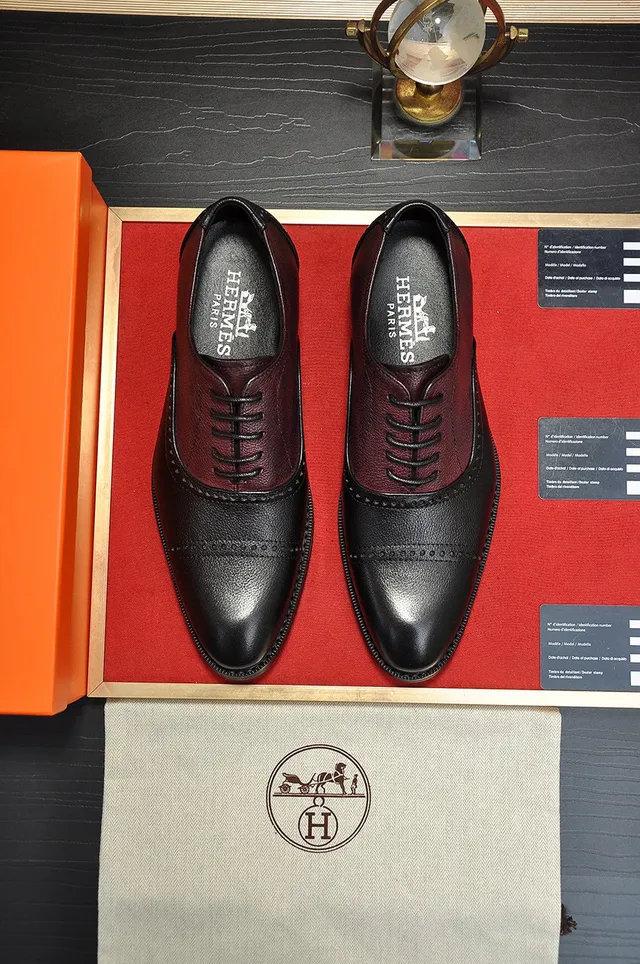 Hermès Noir Borgoña Cuir Bicolore Brogue À Aile Complète 9
