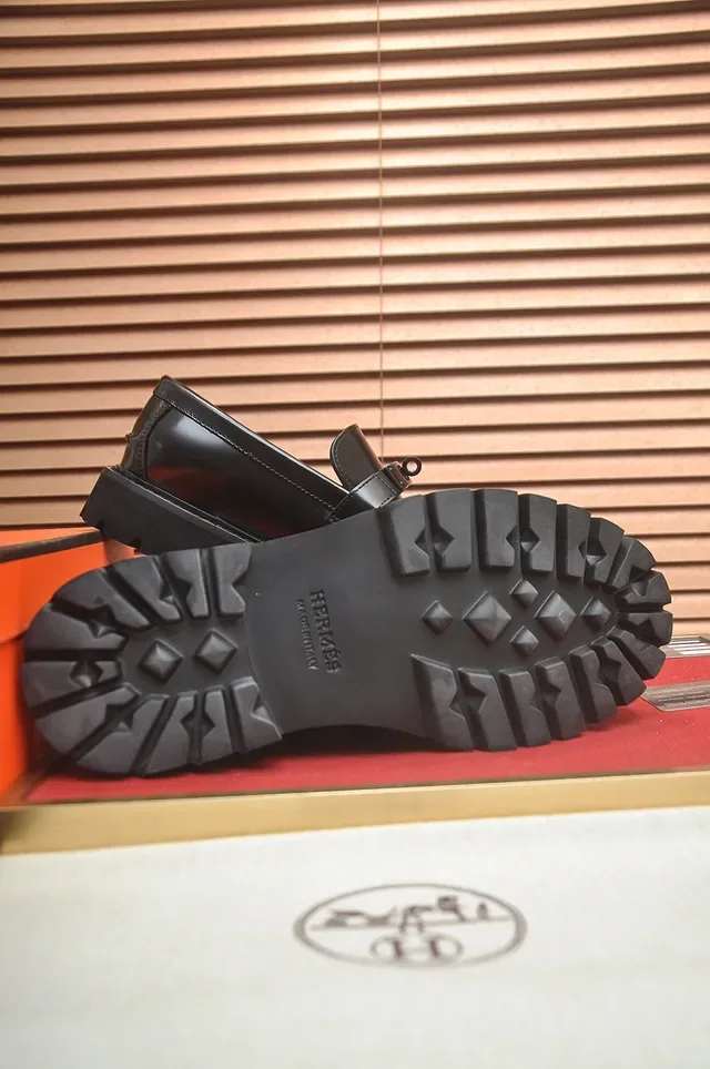 Hermès Black Polished Leather Chunky Lug Sole Loafer 3