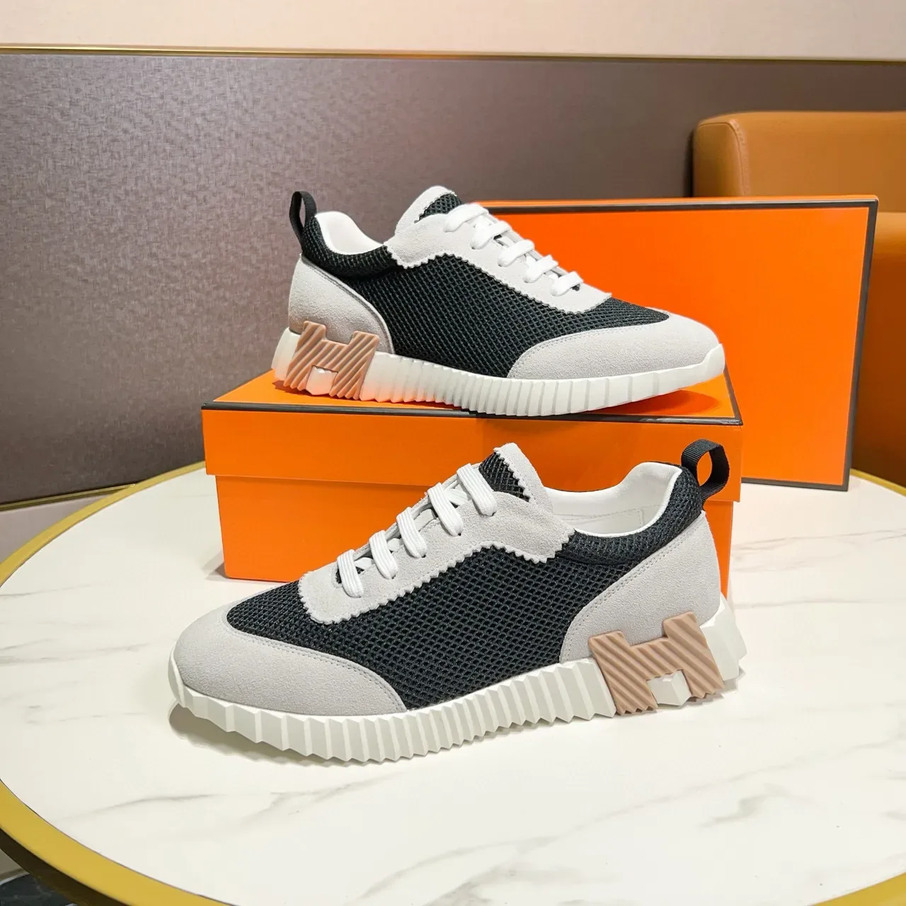 Hermès Black White Mesh And Suede Panel Construction Zigzag Stitched Overlays Lifestyle Sneakers 4