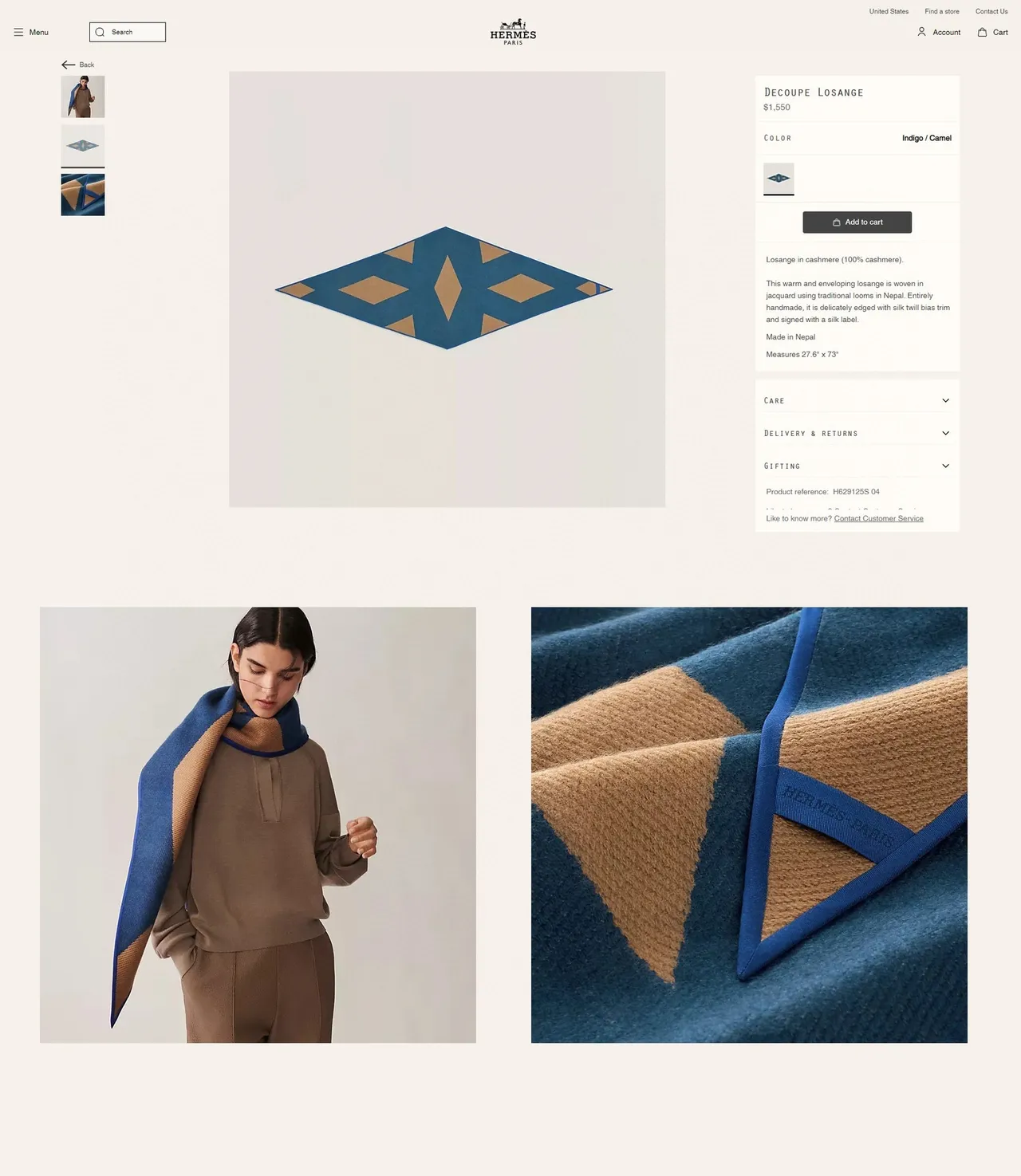 Hermès Blue Beige Geometric Triangle Pattern Ribbed Border Trim Scarve 3