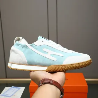 Hermès Blue White Suede-and-Leather Panel Gum Rubber Sole Sneakers