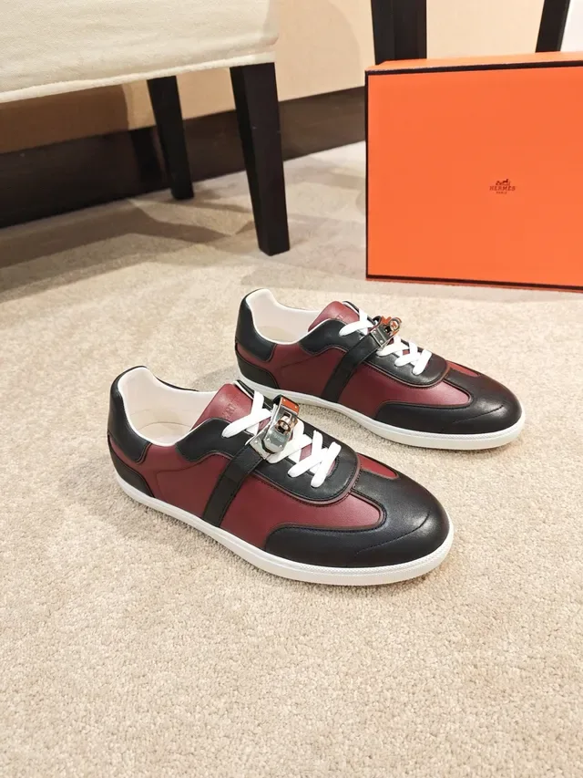Hermès Burgundy Black Two-Tone Leather Metal Lace Toggle Lifestyle Sneakers 4