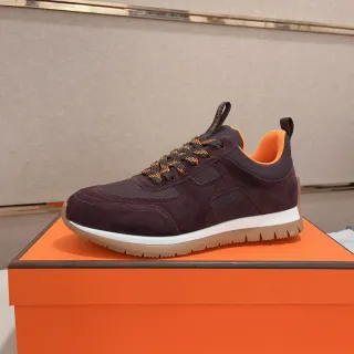 Hermès 酒红色橙色 麂皮-网布混合鞋面 几何面板构造 生活方式运动鞋