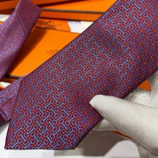 Hermès Geometric Patterned Burgundy and Blue Silk Necktie
