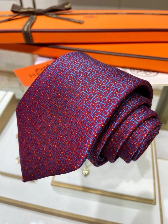 Hermès Gravata de seda com padrão geométrico em borgonha e azul 5