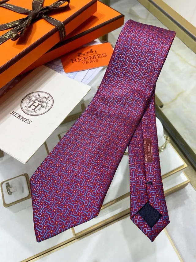 Hermès Gravata de seda com padrão geométrico em borgonha e azul 6