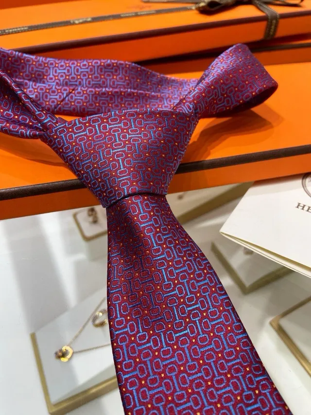 Hermès Gravata de seda com padrão geométrico em borgonha e azul 8