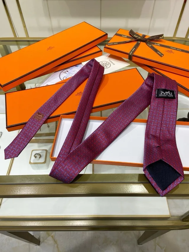 Hermès Gravata de seda com padrão geométrico em borgonha e azul 9