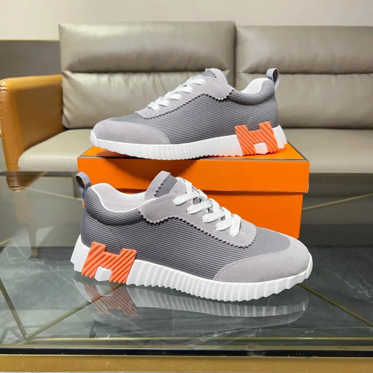 Hermès Gray and Orange Lifestyle Sneakers 2